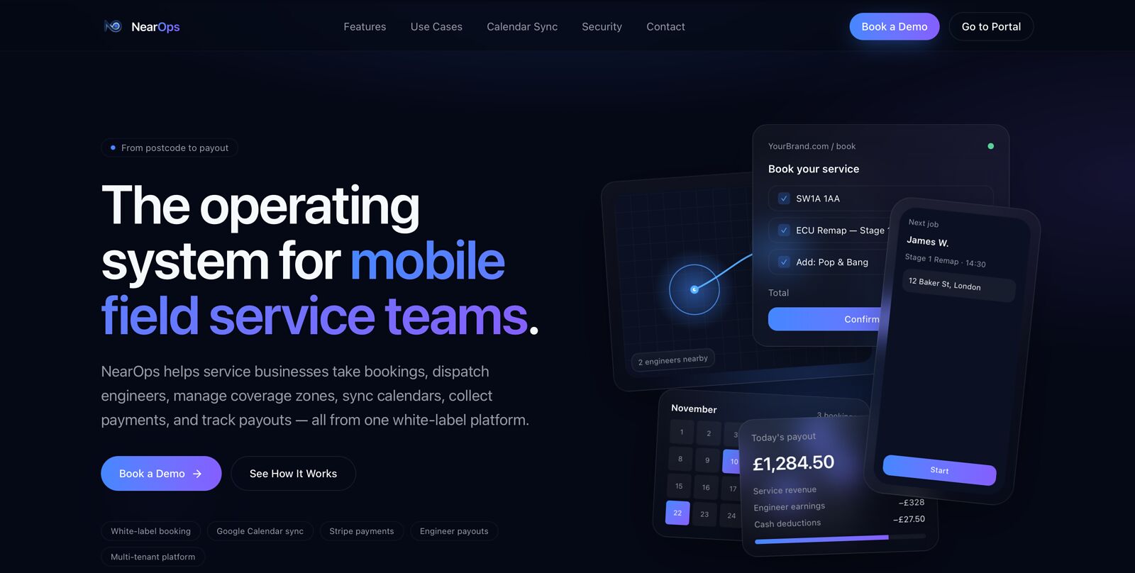 The NearOps homepage: 'The operating system for mobile field service teams', shown with a postcode booking form, an engineer job card and a daily payout summary.